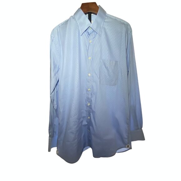 Peter Millar Mens Blue Pinstripe Button-Up Shirt 100% Cotton Long Sleeve Size 16 - Picture 2 of 6